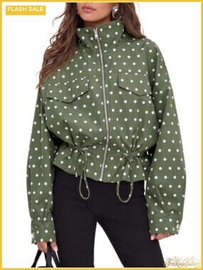 Womens Zip Up Polka Dot Casual Jacket Retro Stand Collar Long Sleeve Oversized